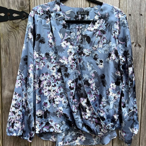INC International Concepts Blue Gray White Floral Long Sleeve Top Women’s PXL - Picture 2 of 11